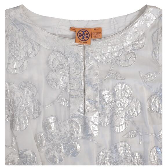 TORY BURCH White Cotton Tunic Metallic Silver Floral Embroidery Top Size L Clean - Picture 9 of 9